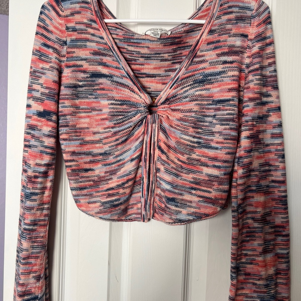 American Eagle Outfitters Pink and Black Ruched Crop Blouse